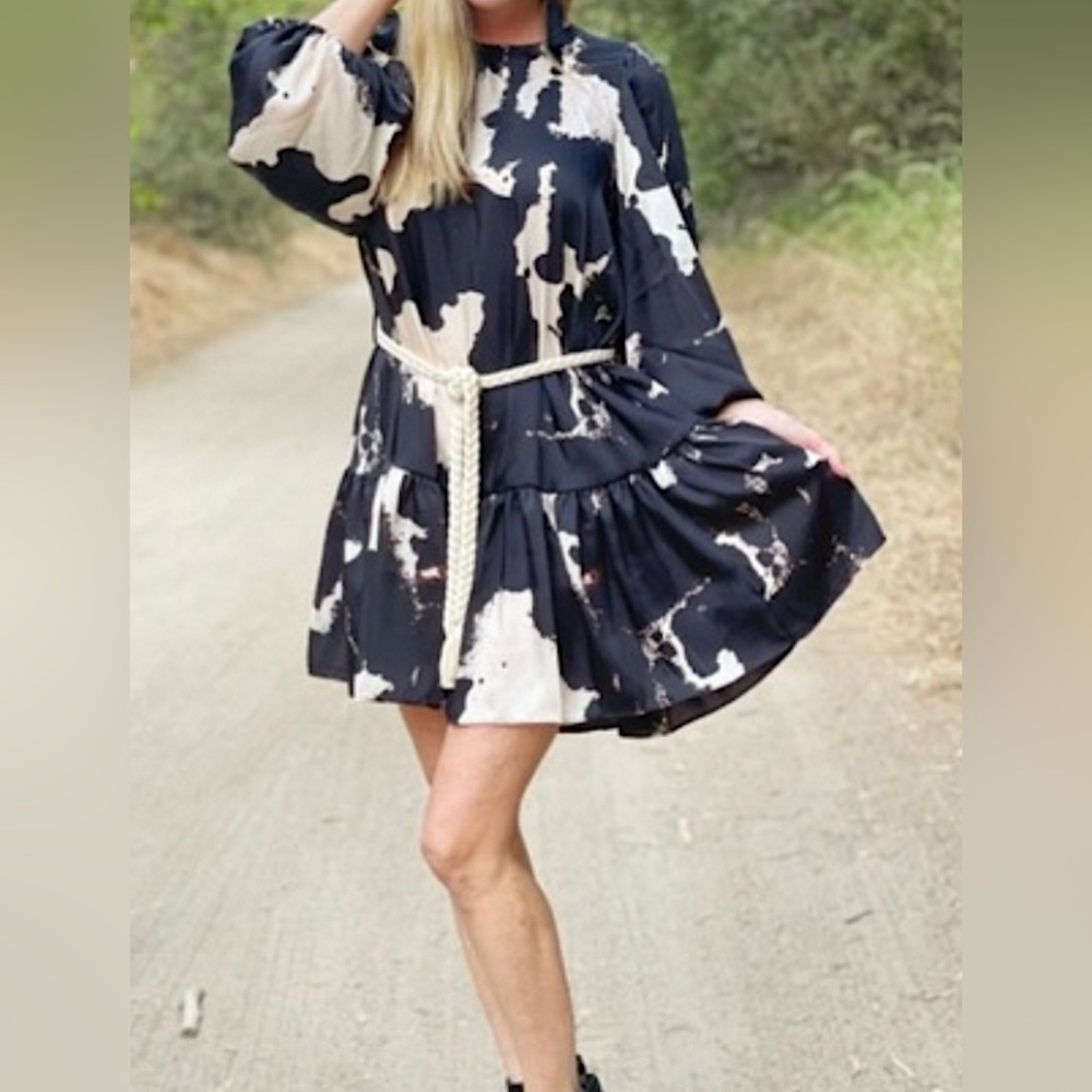 Alexis x Target Ruffle Mini Dress Size S Abstract Print Black & Tan Rope Belt - Picture 3 of 12
